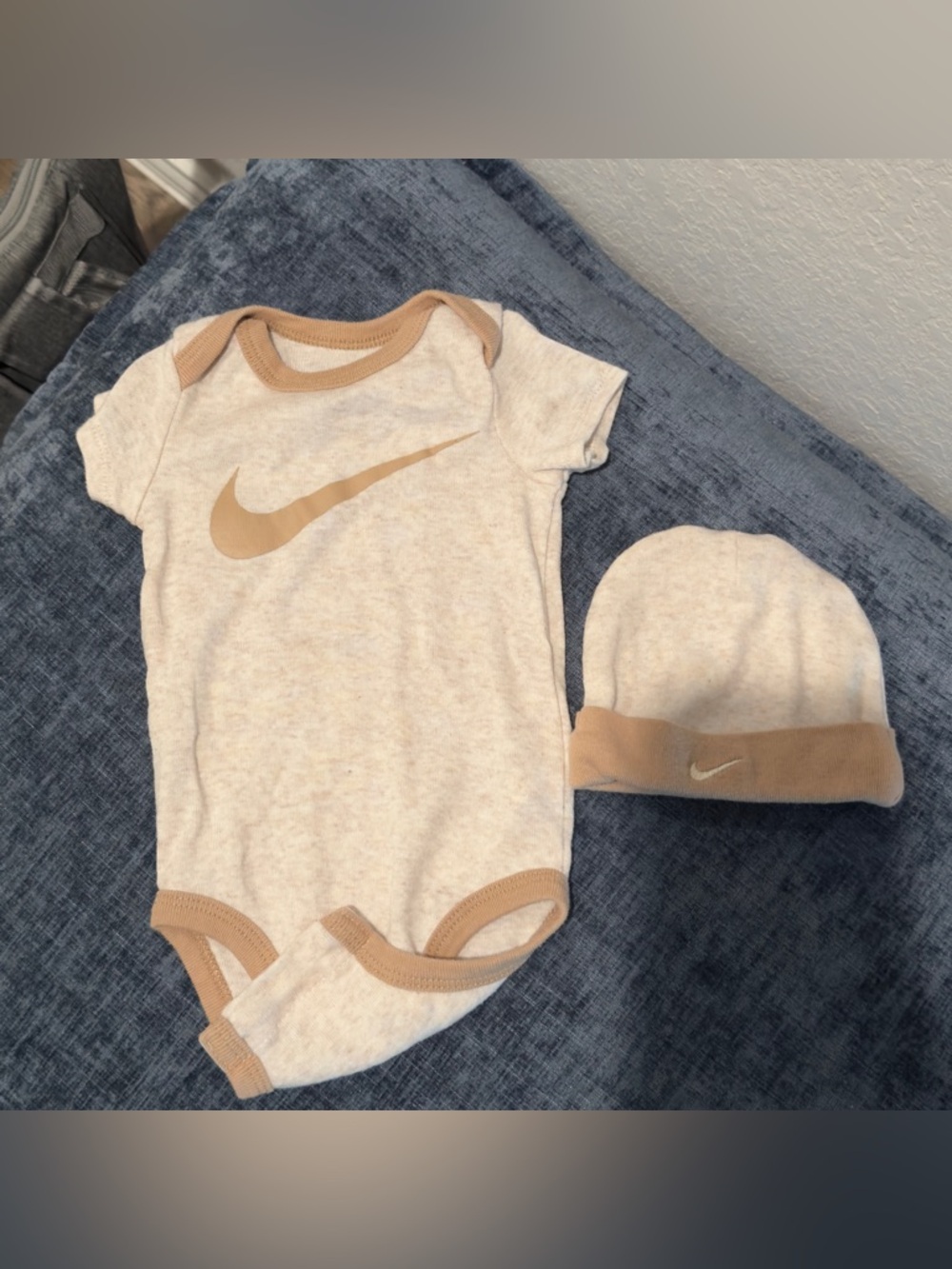 Nike Beige and Tan Swoosh Baby Bodysuit with Matching Beanie